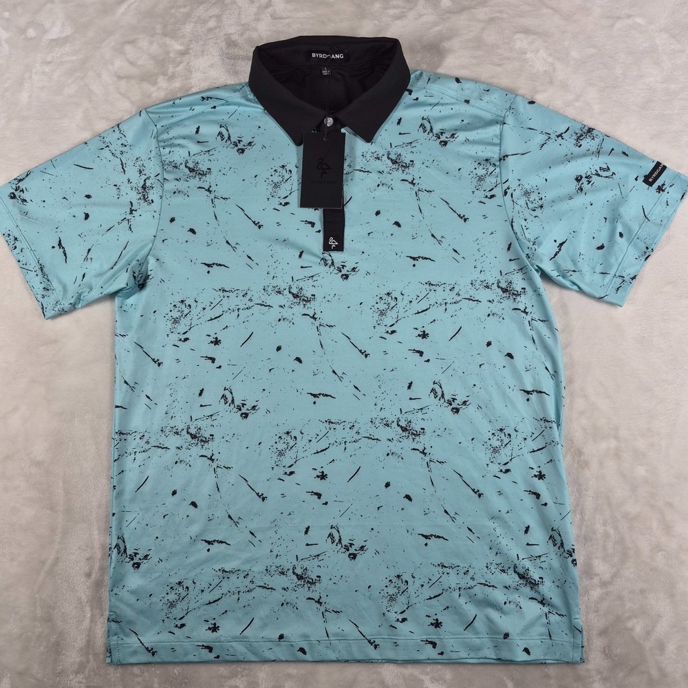 Byrd Gang Polo Shirt Men's Large Blue Paint Splatter Print Golf Performance NWT